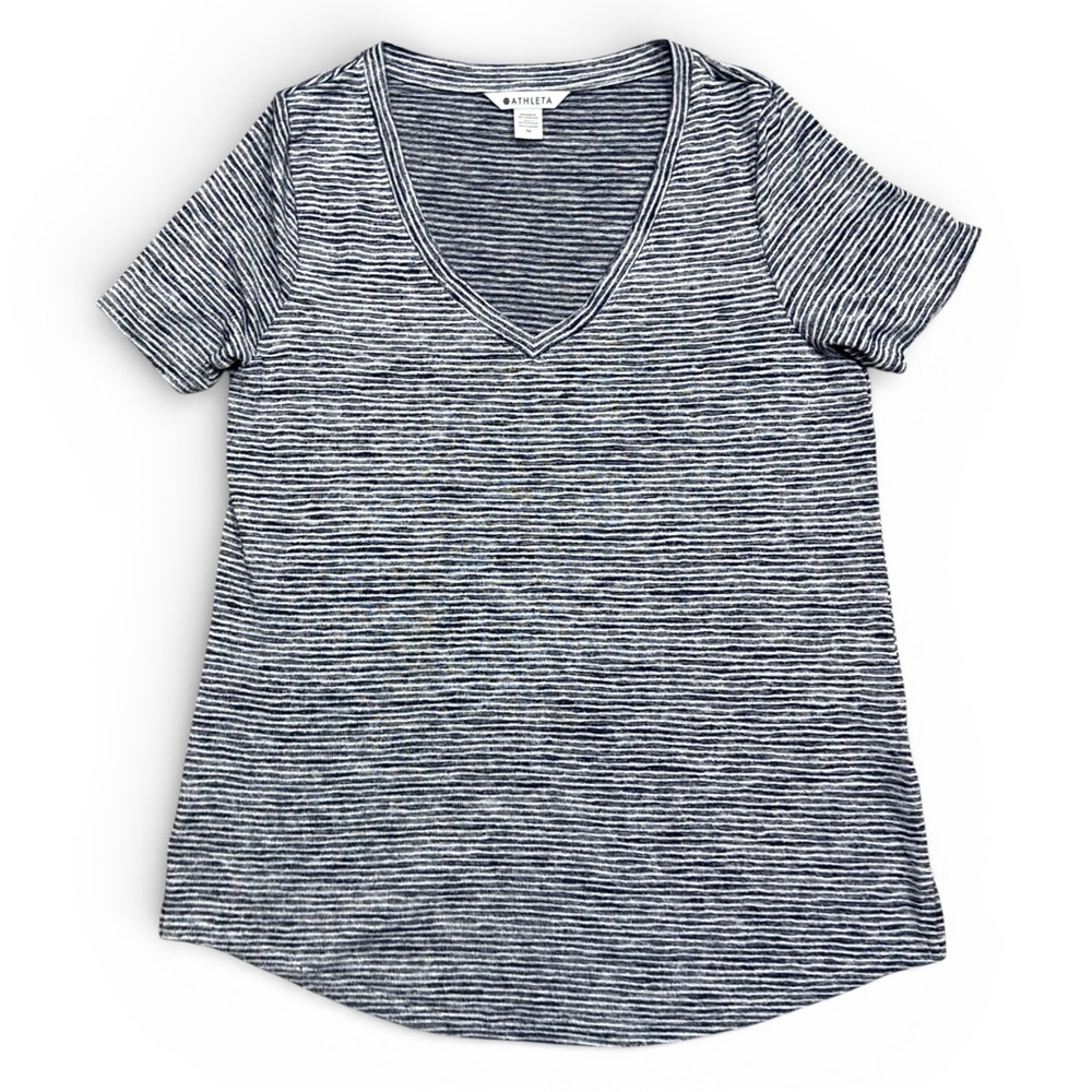 Athleta Striped V Neck Tee Womens Medium Modal Slub Blue White